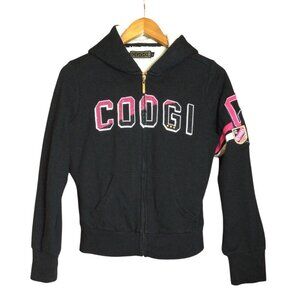 Coogi Girls Black Zip Up Hoodie Jacket Pink Sequin Logo Sherpa Lined Size L